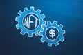 NFT non-fungible tokens concept. Logo NFT and USD in gears. Blockchain technology to create unique digital items for