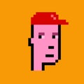 NFT non fungible tokens crypto art, red cap cryptopunks, NFT blockchain, Pixel art character on Yellow background