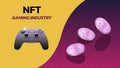 NFT non fungible tokens gaming industry banner with game console gamepad and isometric falling coins.