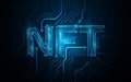 NFT nonfungible tokens concept. Abstract blue circuit lines board background. Futuristic technology high-tech digital concept