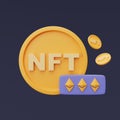 NFT nonfungible tokens concept with ethereum sign.3d rendering