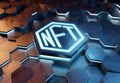 NFT nonfungible tokens concept on hexagonal background. NFT Logo on abstract digital surface. 3d rendering