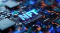 NFT nonfungible tokens concept, NFT word on abstract technological surface