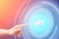 NFT nonfungible tokens, Crypto Art, blockchain marketplace, hand pressing the button
