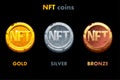 NFT old coins in different metals. Gold, silver and bronze coins. Cryptocurrency, NFT-token Internet currency of the Royalty Free Stock Photo