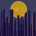 Nft rise digital era city illustratuion. Nft generation concept. Nft style for posters print