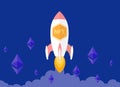 NFT technology that takes off like a rocket. Banner with a non-fungible token, ethereum. Vector illustration, blue