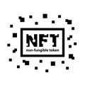 NFT text icon with frame and square pixel particles around. Royalty Free Stock Photo