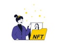 NFT token concept with character situation. Woman seller trading on virtual marketplaces and auctions with digital pictures and