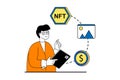NFT token concept with people scene in flat web design. Vector illustration Royalty Free Stock Photo