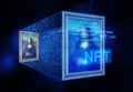 NFT token and crypto art, painting with blue cyber light in digital gallery