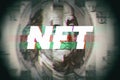 NFT word and 100 dollar bill with techno glitch effect. Non-fungible token financial security of a digital data in blockchain.