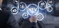 NFV inscription on gears background. Digital technology concept