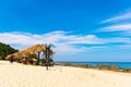 NGAPALI, MYANMAR - DECEMBER 5, 2016: Sandy beach and restaurant Lobster. Copy space for text.