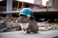 ngineer rat in a work helmet on a construction site. Construction of a large house