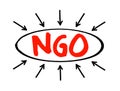 NGO - Non-Governmental Organization is an organization that generally is formed independent from government, acronym text with