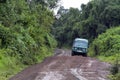 Slippery road after heavy rain with 4 wheel car trying to pass over it.