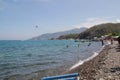 Nha Trang, Viet Nam - May 20,2018: Beautiful landscape with blue sea and sky, canoes and mountain in a summer day