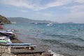 Nha Trang, Viet Nam - May 20,2018: Beautiful landscape with blue sea and sky, canoes and mountain in a summer day