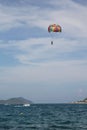 Nha Trang, Viet Nam - May 20,2018:Beautiful landscape with blue sea, sky, paragliding and mountain in a summer day