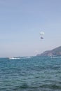 Nha Trang, Viet Nam - May 20,2018:Beautiful landscape with blue sea, sky, paragliding and mountain in a summer day