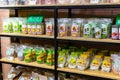 NHA TRANG, VIETNAM - APRIL 16, 2019: Dried fruits in bags on the store shelf