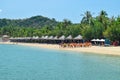 NHA TRANG, VIETNAM - APRIL 18, 2019: Group of tourists on sandy beach with umbrellas and palm trees near the sea Royalty Free Stock Photo