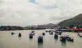 Nha Trang, Vietnam-August, 2018-a typical view in Nha Trang with blue boats, lake in the summer
