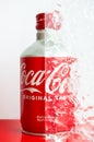 Nha Trang, Vietnam - march 2023. Coca Cola aluminium bottle. Creative red white still life of soda pop bottle