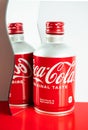 Nha Trang, Vietnam - march 2023. Coca Cola aluminium bottle. Creative red white still life of soda pop bottle