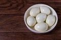 Boiled peeled eggs without shell. Ingredients for cooking.