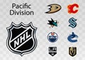 NHL. Pacific Division. Anaheim Ducks, Calgary Flames, Edmonton Oilers, Los Angeles Kings, San Jose Sharks, Seattle Kraken,