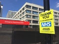 NHS Guys & St. Thomas Hospital London, during coronavirus lockdown thank you sign outside emergency ER department