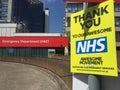 NHS Guys & St. Thomas Hospital London, during coronavirus lockdown thank you sign outside emergency ER department