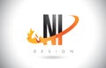 NI N I Letter Logo With Fire Flames Design And Orange Swoosh.