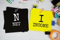 NI - Net Income text on stick note with stationery on concrete background Royalty Free Stock Photo