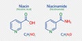 Niacin and niacinamide skeletal formula vector illustration. Nicotinamide, nicotinic acid molecule and simple text
