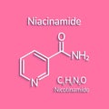 Niacinamide molecular formula vector illustration. Nicotinamide molecule structure and simple text. Vitamin B3 image