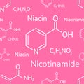 Niacinamide and niacin seamless pattern. molecular formula vector illustration. Nicotinamide and nicotinic acid