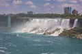 Niagara Falls, Canada - August 27, 2021: View of the American Niagara Falls. The US side of the falls with the city of Niagara