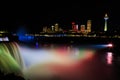 Niagara Falls illuminated at night with multicolored lights