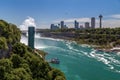 Niagara Falls, looking down the Niagara river. Observation tower, the deck with tourist in the foreground. Royalty Free Stock Photo