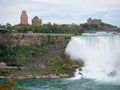 Niagara Falls, New York and Canada [ edge of Niagara falls, town from American and Canadian city side, falling water and mist ]