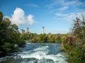 Niagara Falls, New York and Canada [ edge of Niagara falls, town from American and Canadian city side, falling water and mist ] Royalty Free Stock Photo