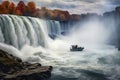 Niagara Falls, Ontario, Canada. Autumn scene of Niagara Falls, Horseshoe Fall, Niagara Gorge and boat in mist, Niagara Falls,