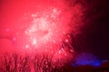 NIAGARA FALLS, ONTARIO, CANADA - MAY 20th 2018: Niagara Falls lit at night by colorful lights with fireworks Royalty Free Stock Photo