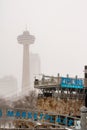 Niagara Falls, Ontario - January 20, 2019 : The Wildplay Niagara Falls MistRider Zipline during the winter, covered in snow. Royalty Free Stock Photo