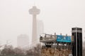 Niagara Falls, Ontario - January 20, 2019 : The Wildplay Niagara Falls MistRider Zipline during the winter, covered in snow. Royalty Free Stock Photo