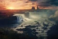 Niagara Falls at sunrise, United States of America, USA, Dusk at Niagara, AI Generated Royalty Free Stock Photo