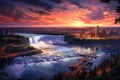 Niagara Falls at sunset, Ontario, Canada. The most powerful waterfall in the world, Dusk at Niagara, AI Generated